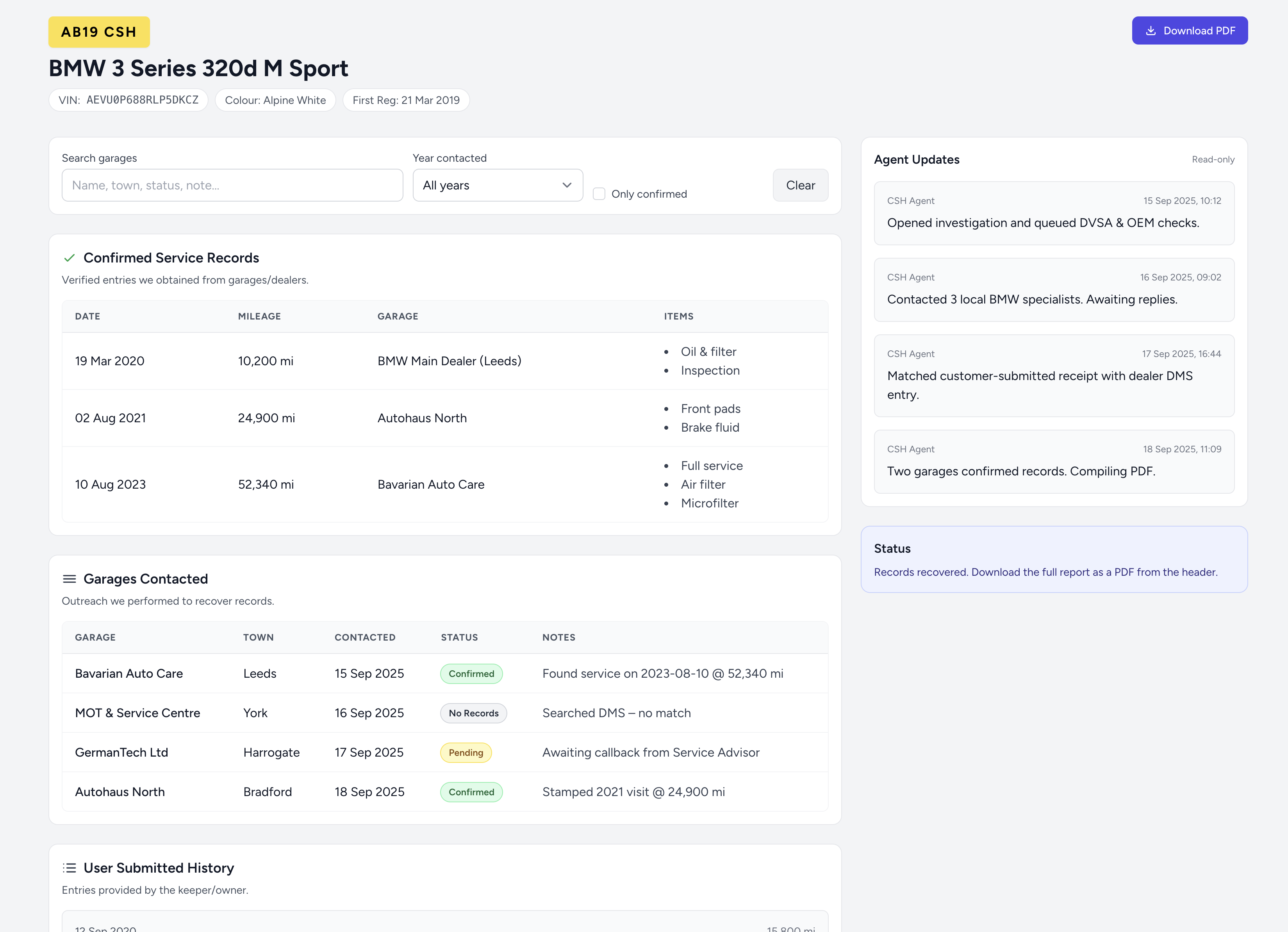 Demo Volkswagen, zpráva o historii servisu z FindMyCarHistory.com zobrazující ověřené záznamy o servisu, časovou osu najetých kilometrů a protokol o kontaktování servisu